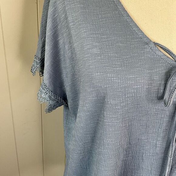 Fred David Womens Large Pullover Tie Neck Top Blue Tassels Textured Short Sleeve - Picture 4 of 13